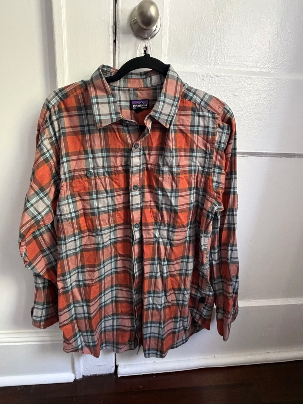 Patagonia Orange and Gray Plaid Men's Button-Down Shirt